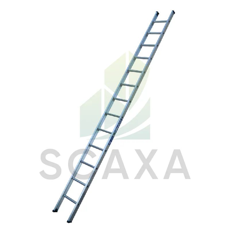 Steel straight ladder showcasing SCAXA branding, designed for scaffolding applications, emphasizing safety and durability.