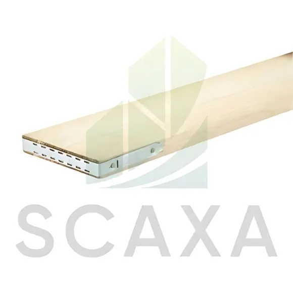 H20 Beam wooden plank with metal connector, showcasing SCAXA branding, suitable for scaffolding applications.