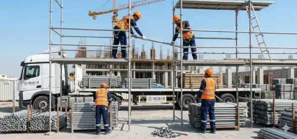 Workers assemble scaffolding and materials on a construction site with a "scaxa" truck.