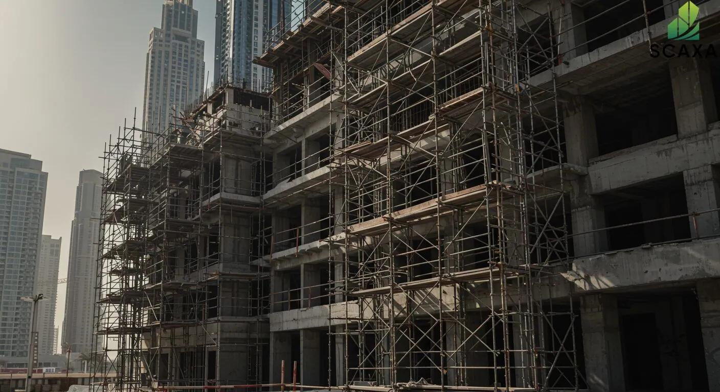 Scaffolding structure on construction site with high-rise buildings in background, showcasing Scaxa's reliable prop system for renovations and industrial maintenance.