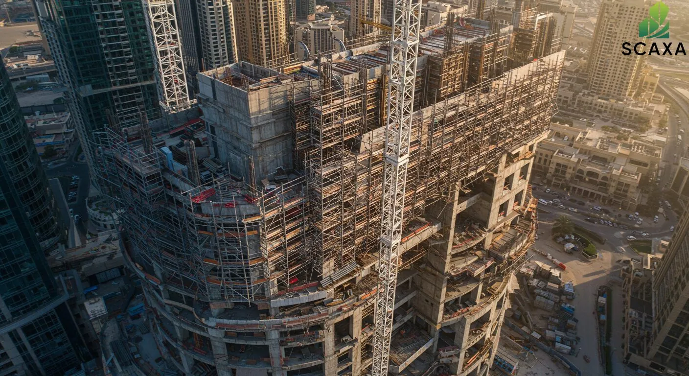 Aerial view of a high-rise building under construction with extensive scaffolding, showcasing Scaxa's modern, eco-friendly scaffolding solutions for aluminum and glass projects.