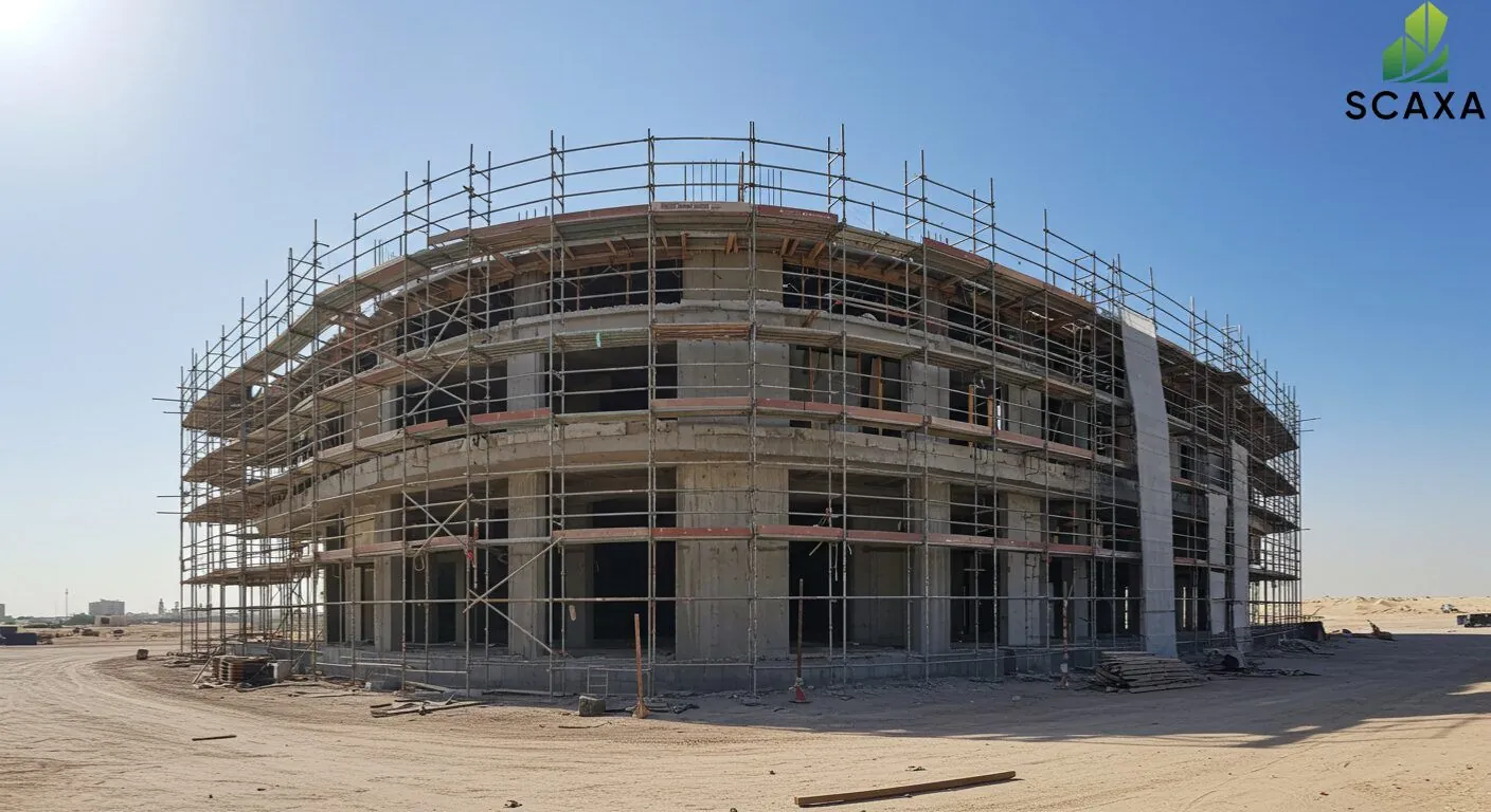 Scaxa scaffolding structure surrounding a partially constructed building, showcasing sturdy platforms and safety features for event setups and construction projects.