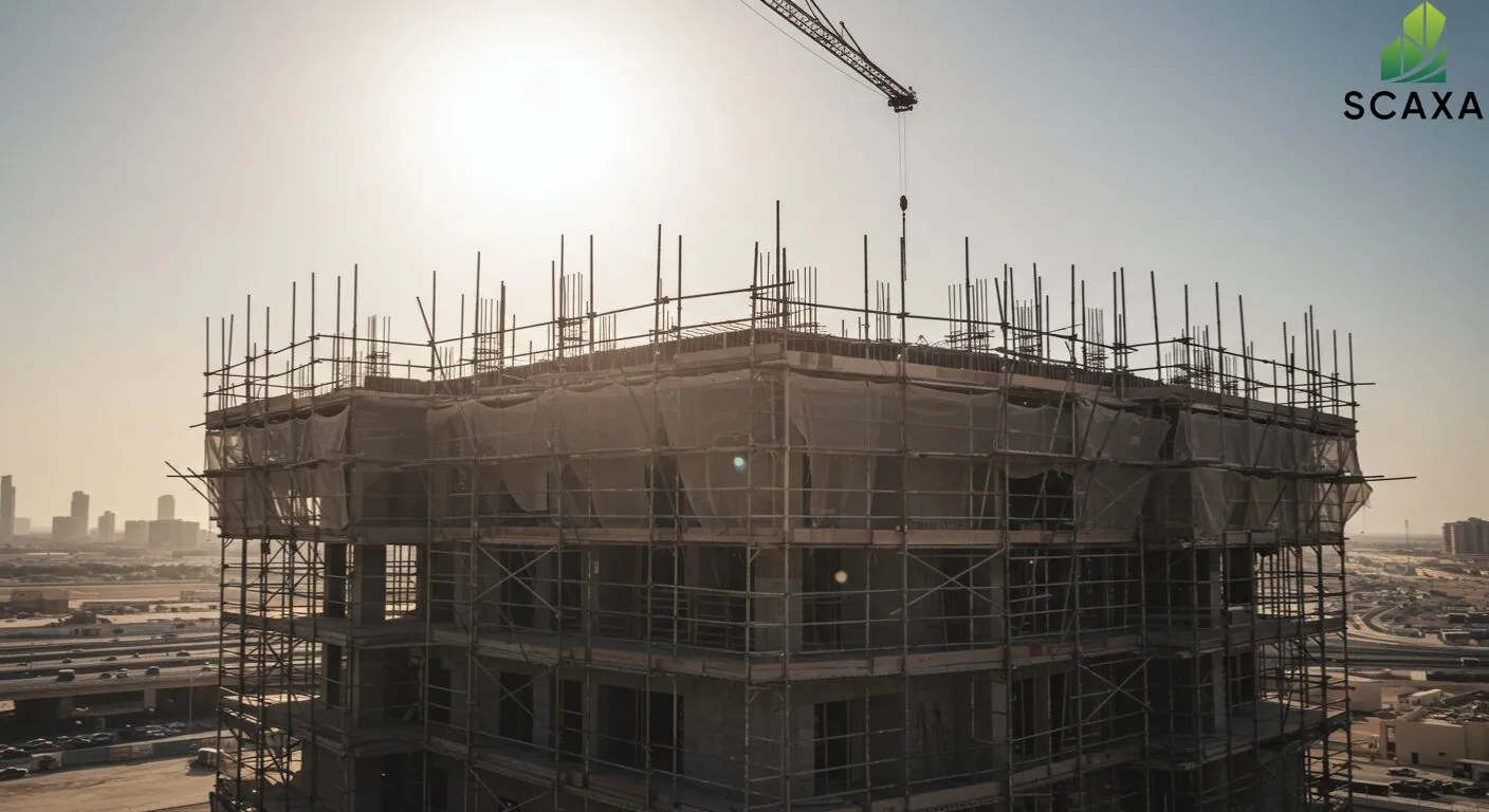 Construction site featuring a partially completed building surrounded by scaffolding, with a crane in the background and the SCAXA logo visible, emphasizing high-quality scaffolding solutions for construction projects.
