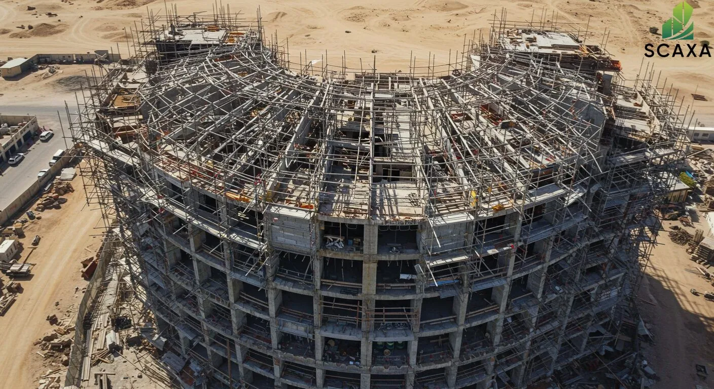 Scaffolding structure surrounding a partially constructed building in the UAE, emphasizing safety and support for marble installation projects by SCAXA.