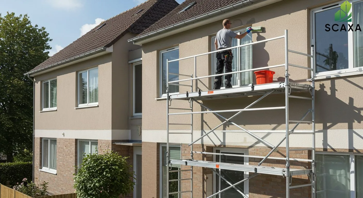 Man painting the exterior of a building using a scaffolding system, showcasing Scaxa's aluminum scaffolding solutions for construction and maintenance projects.
