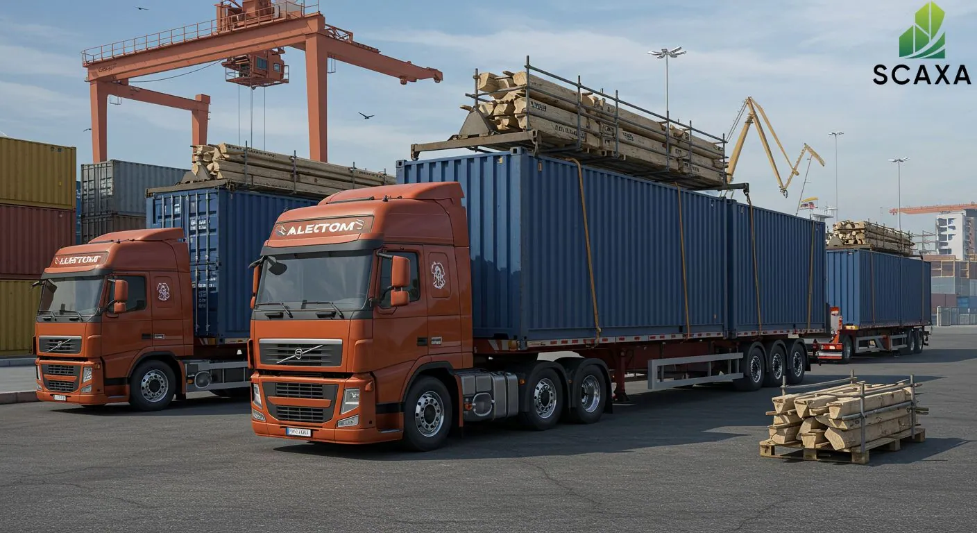 Container trucks loaded with scaffolding materials in a shipping yard, emphasizing Scaxa's transportation services for scaffolding logistics in the UAE.