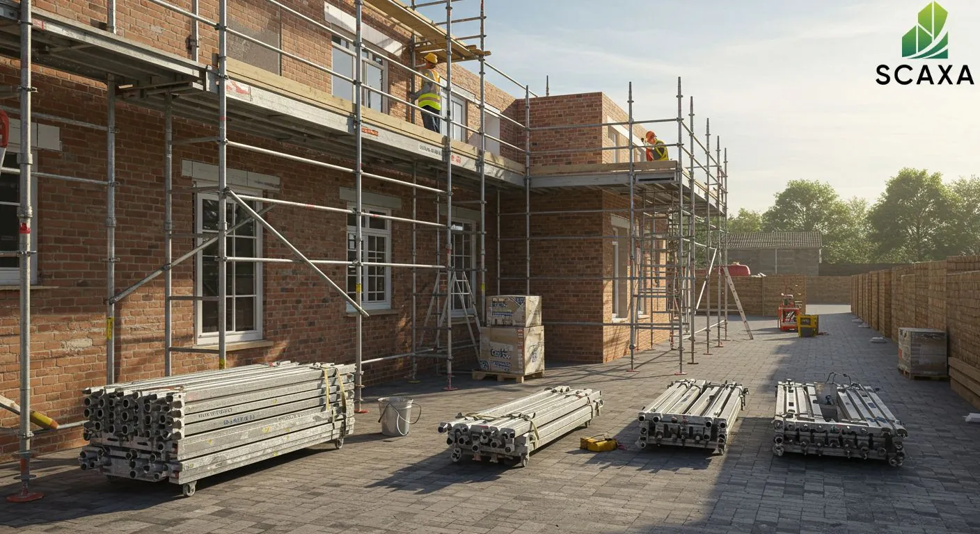 Construction site featuring scaffolding, workers in safety gear, and stacked scaffolding materials, showcasing Scaxa's durable scaffolding solutions for construction projects.