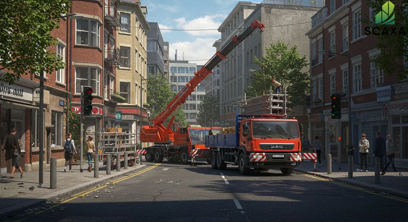 Crane trucks transporting scaffolding materials in an urban setting, highlighting Scaxa's transportation services for scaffolding across the UAE.
