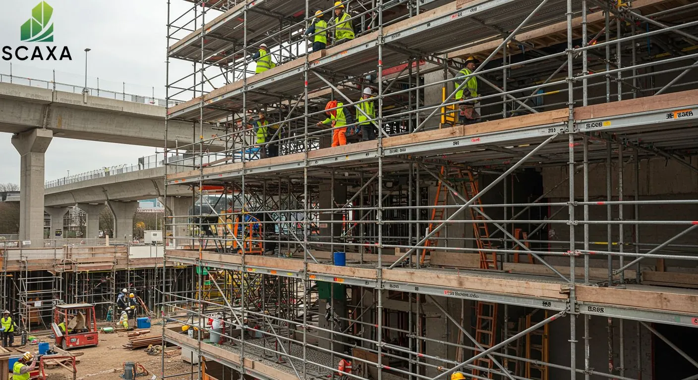 Construction site featuring Scaxa's cuplock scaffolding system, with workers in safety gear assembling scaffolding structures for building projects.