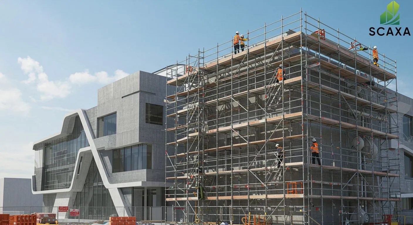 Scaffolding structure with construction workers in safety gear, showcasing Scaxa's durable scaffolding solutions for construction projects.