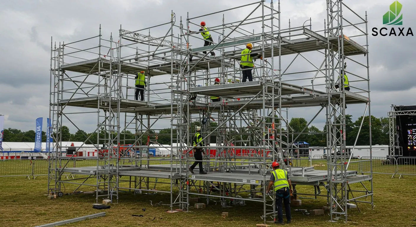 Event scaffolding system in use, featuring multiple workers in safety gear assembling a sturdy aluminum structure, emphasizing flexibility and stability for diverse events, branded with Scaxa logo.
