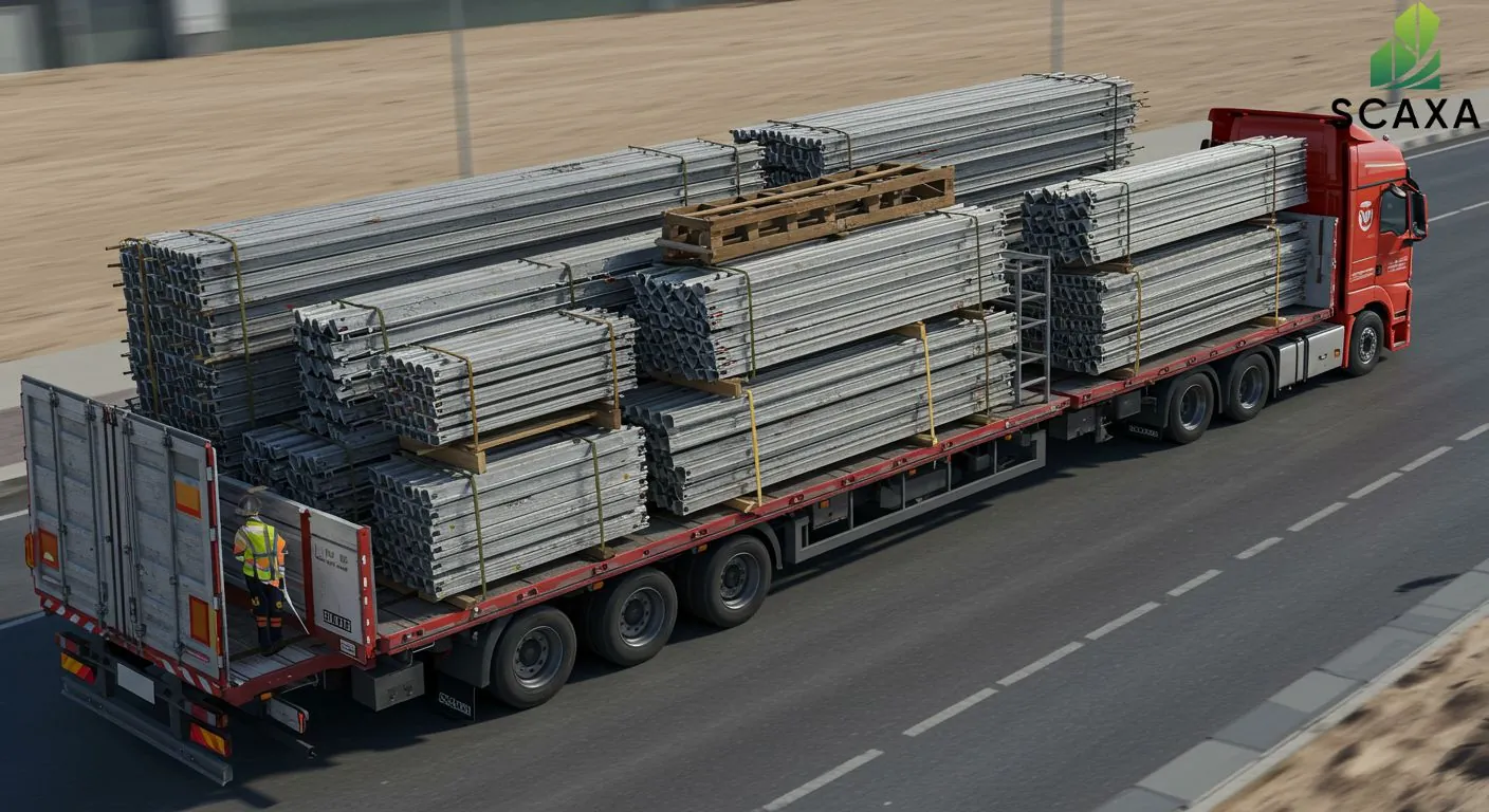 Truck transporting stacked scaffolding materials on a highway, featuring Scaxa branding, emphasizing construction logistics and quality scaffolding solutions.