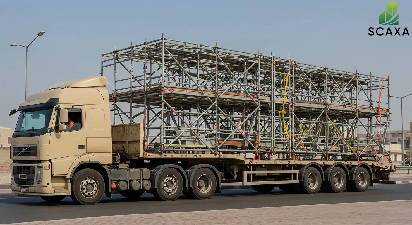 Flatbed truck transporting scaffolding materials, showcasing SCAXA branding, emphasizing secure logistics for scaffolding services in the UAE.