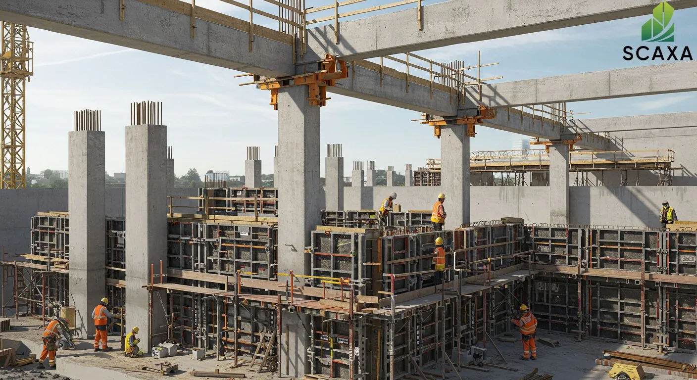 Construction site featuring Scaxa's robust formwork system with workers assembling concrete forms, scaffolding, and structural elements, emphasizing stability and efficiency in construction projects.