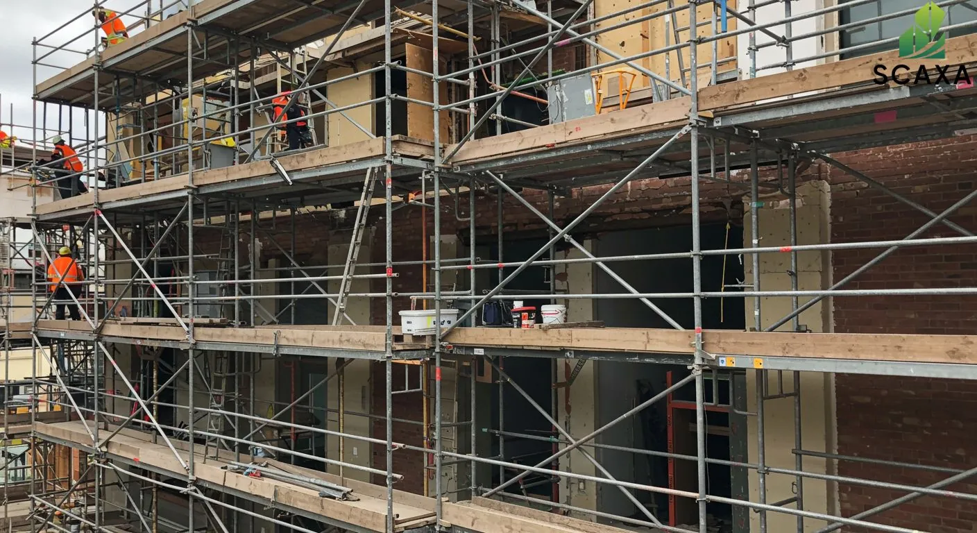Scaffolding structure featuring Scaxa's H-frame system with construction workers in safety gear, demonstrating stability and versatility for residential and commercial building projects.