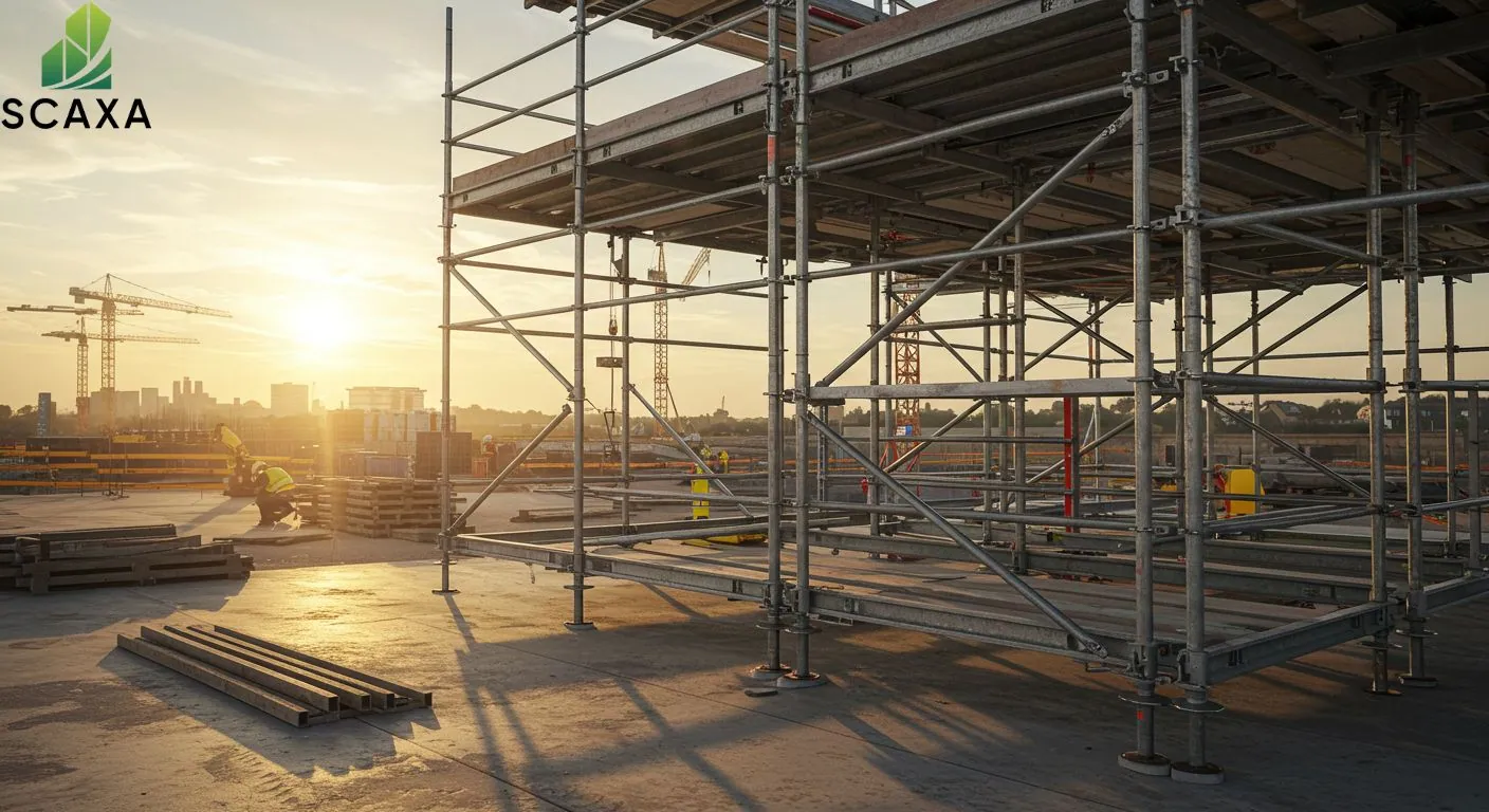 Scaffolding structure at sunset with workers in safety gear, showcasing Scaxa's durable scaffolding solutions for construction projects.