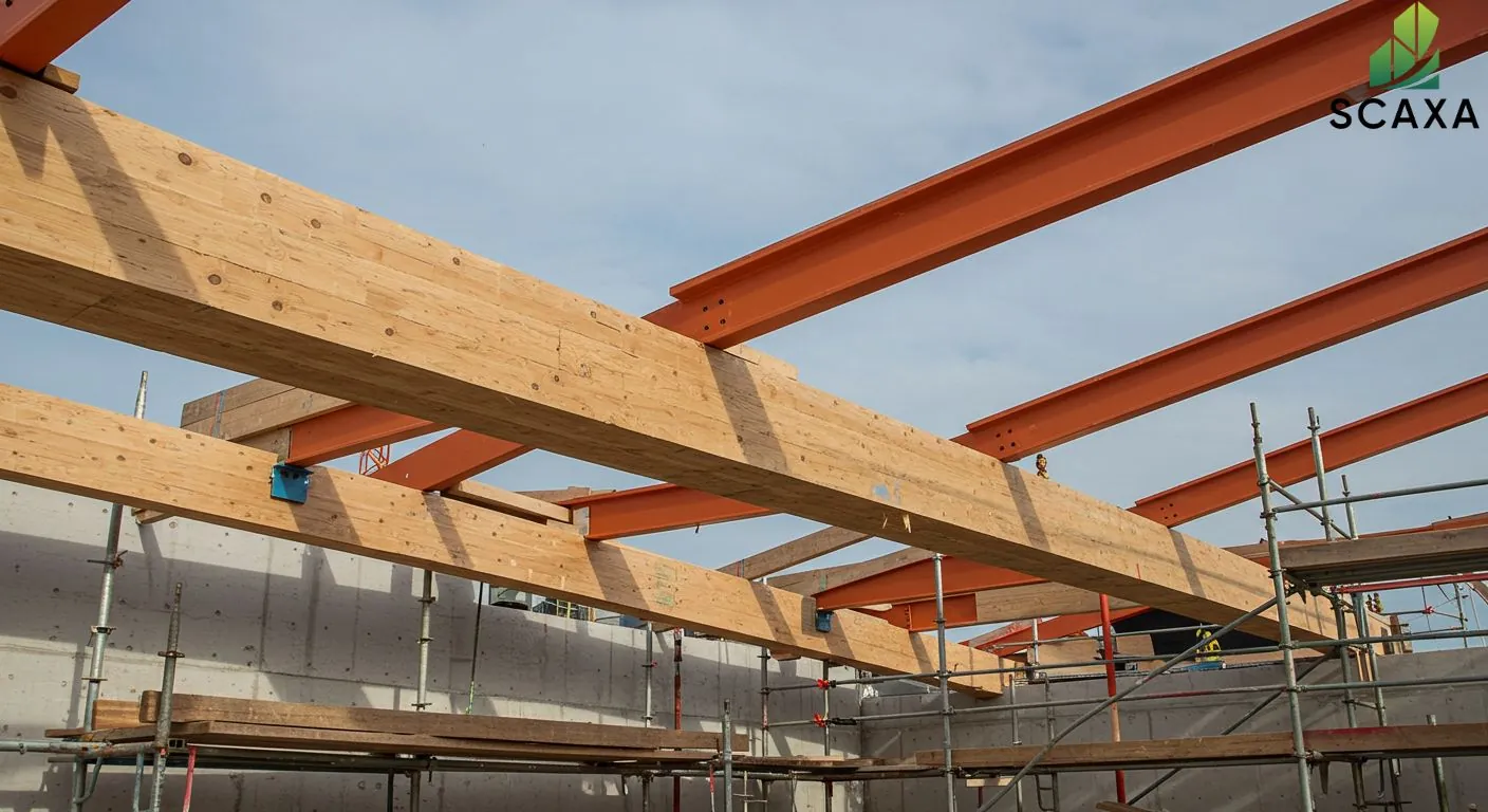 LVL and H20 beams installed in a construction site, showcasing structural integrity and stability, with Scaxa branding visible, emphasizing high-quality scaffolding solutions.