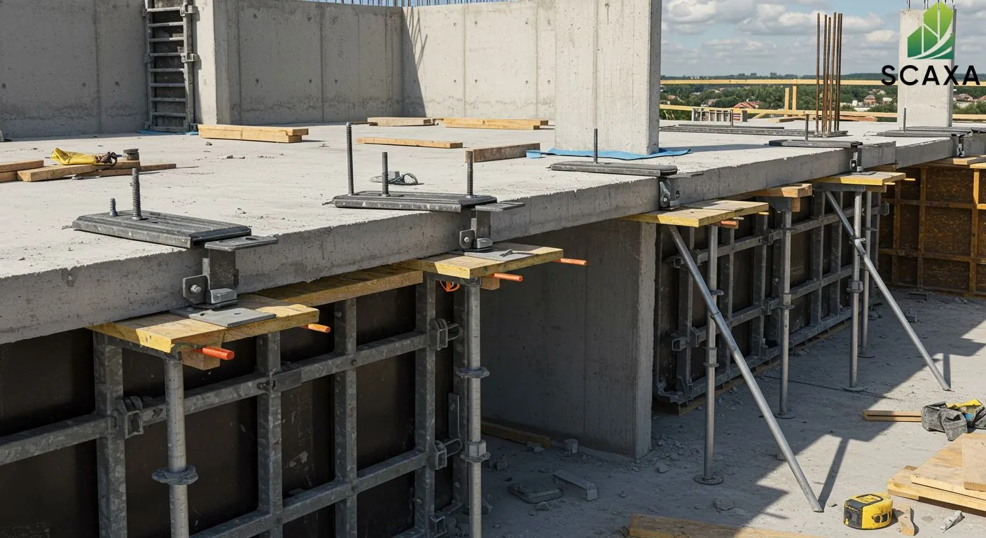 Concrete slab formwork system with adjustable props and supports, showcasing Scaxa's scaffolding solutions for construction projects.