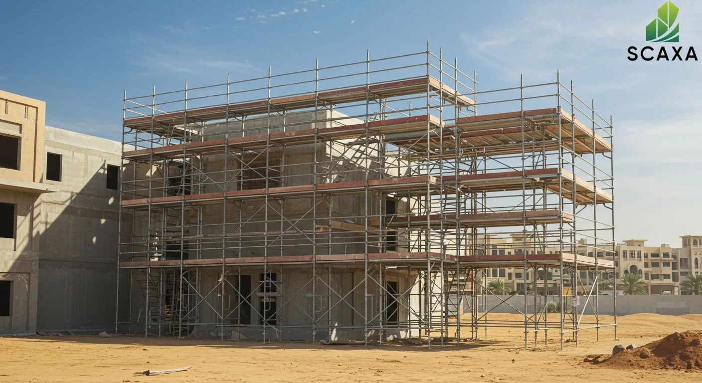 Scaffolding structure around a partially constructed building, showcasing Scaxa's durable scaffolding solutions for construction projects in the UAE.