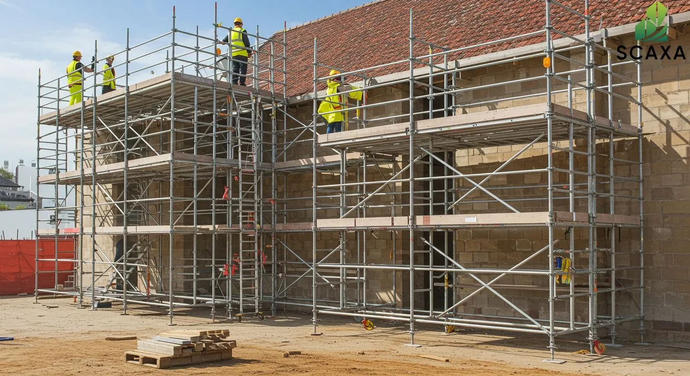 Construction workers in safety gear on scaffolding, featuring durable Scaxa scaffolding systems, emphasizing safety and compliance in construction projects.
