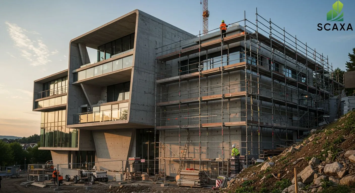 Construction site featuring a modern building under scaffolding, showcasing Scaxa's scaffolding solutions for safe and efficient construction.