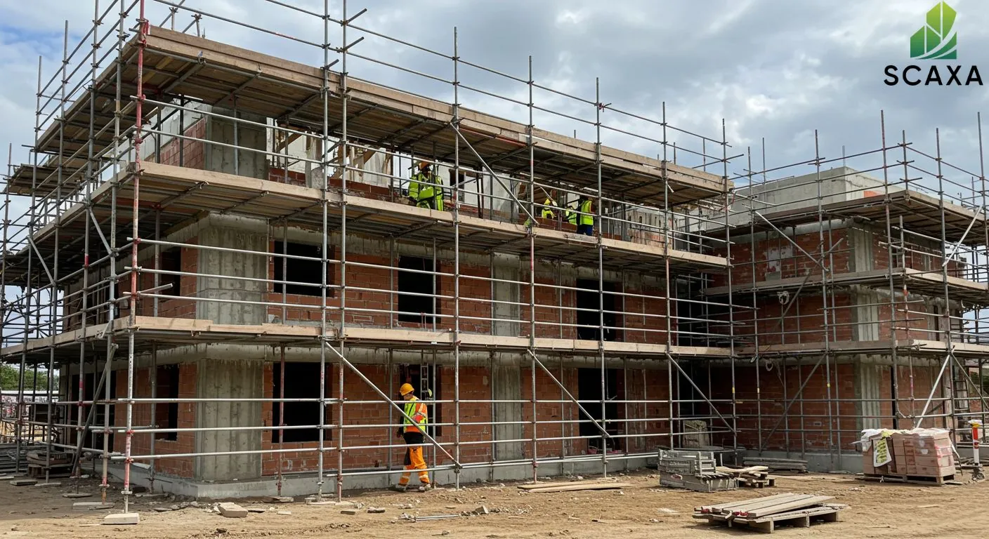Construction site featuring scaffolding system supporting a multi-story building, with workers in safety gear, emphasizing Scaxa's scaffolding solutions.