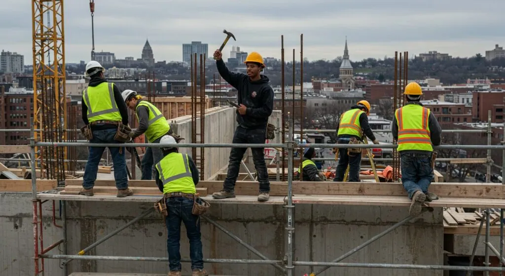Construction workers in safety gear on scaffolding, collaborating on a building project with tools, emphasizing safety and teamwork in construction services.