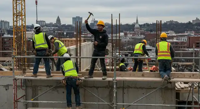 Construction crew in safety gear working on a scaffolding platform