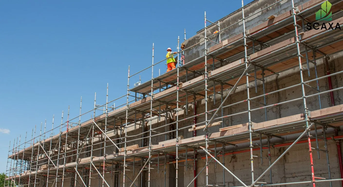 Construction worker on scaffolding system, showcasing Scaxa's high-quality scaffolding solutions against a clear blue sky.