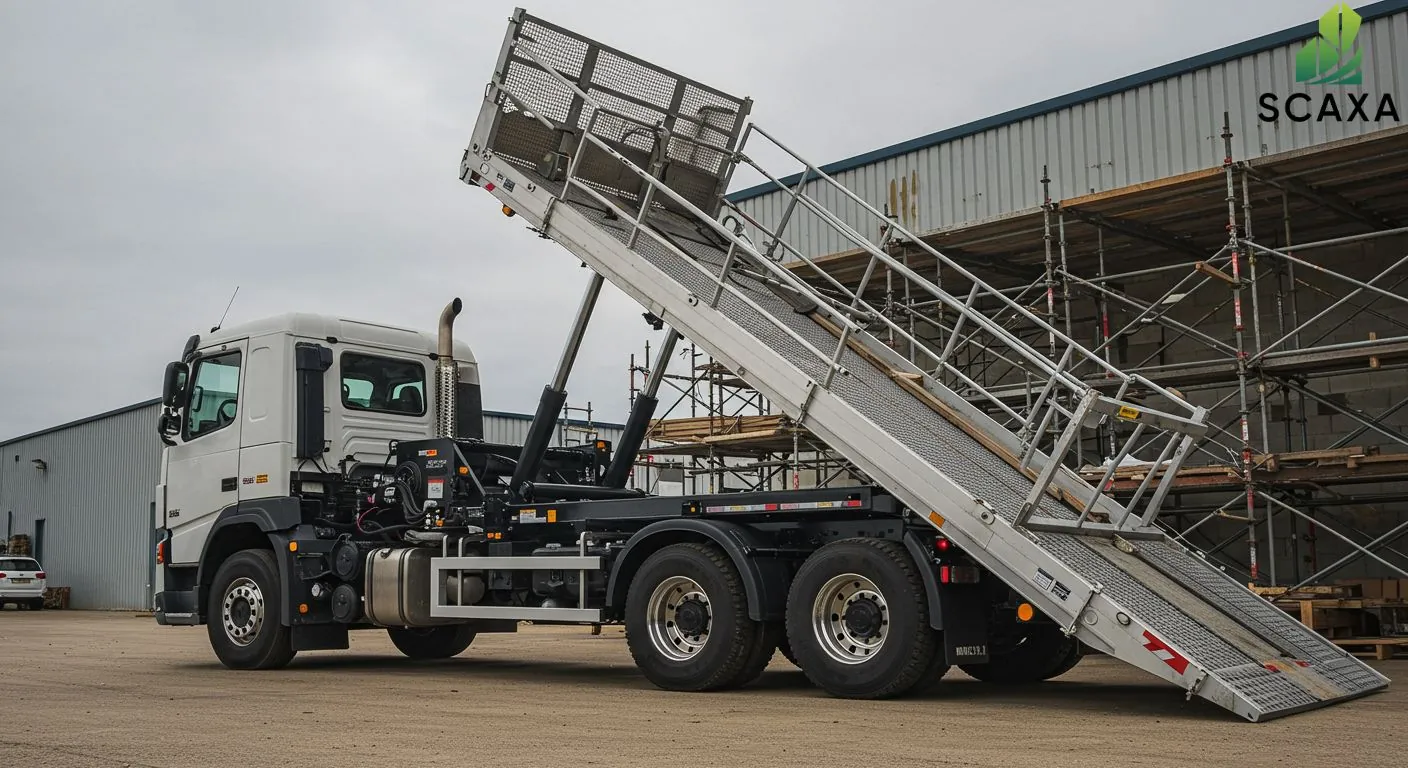 Tilt-tray truck with ramp positioned for loading scaffolding materials, set against a backdrop of scaffolding structures, representing Scaxa's transportation services in the UAE.