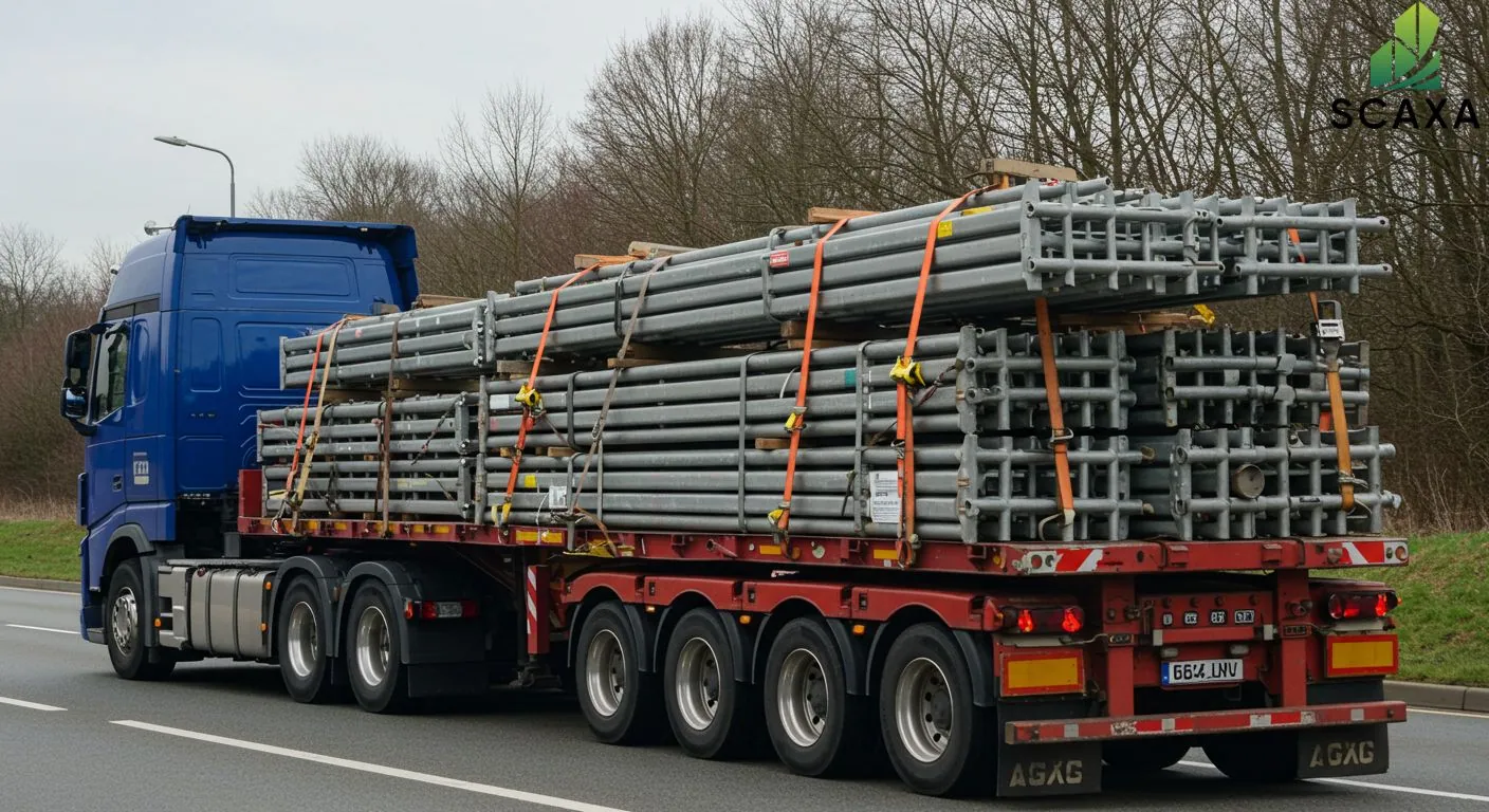 Truck transporting scaffolding materials securely strapped for delivery, emphasizing Scaxa's logistics and transportation services in the UAE.