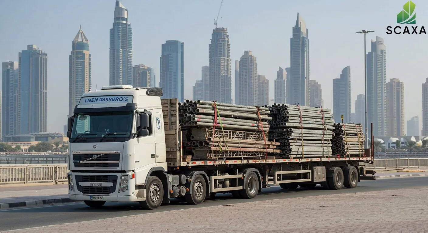 Truck transporting scaffolding materials in Dubai, showcasing Scaxa's transportation services with skyscrapers in the background.