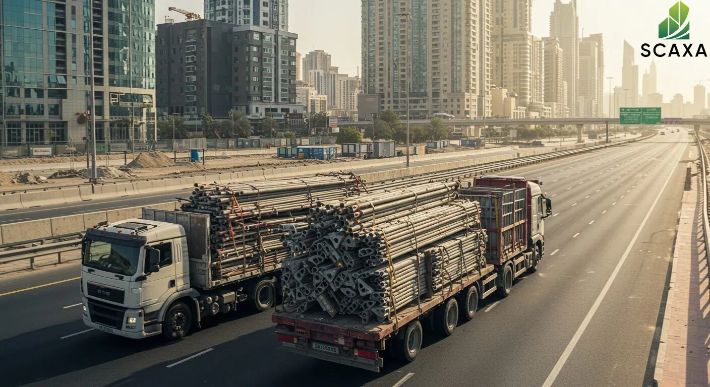 Trucks transporting scaffolding materials on a highway in the UAE, showcasing Scaxa's transportation services for efficient delivery.