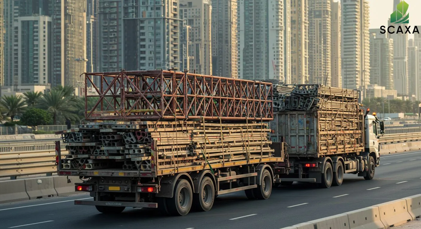 Truck transporting scaffolding materials on highway in UAE, showcasing Scaxa's transportation services amidst urban skyline.