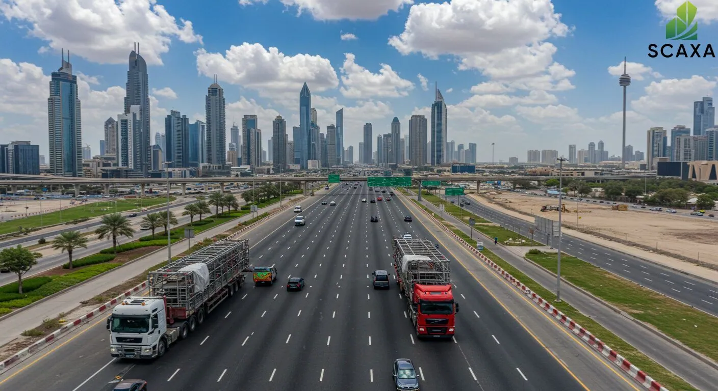 Highway scene in UAE with trucks transporting scaffolding materials, skyscrapers in the background, showcasing Scaxa's transportation services for efficient delivery.