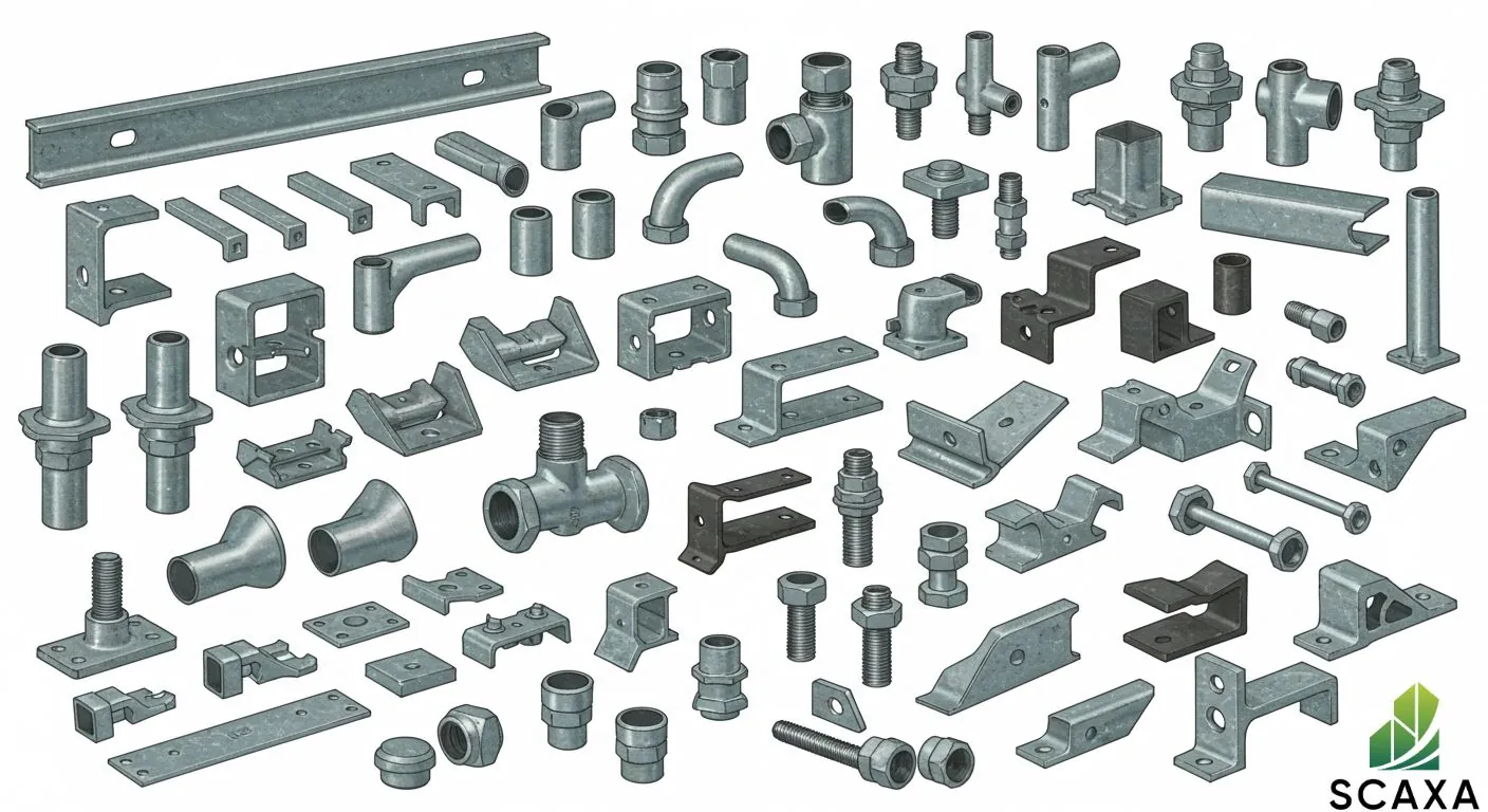 Tube fittings and accessories assortment for scaffolding, showcasing various connectors, brackets, and joints, emphasizing durability and customization for construction projects.