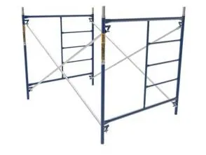 Steel frame scaffolding with diagonal bracing, designed for structural support and stability in construction projects.