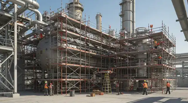 Scaffolding around pipework and tanks at an industrial plant for maintenance work