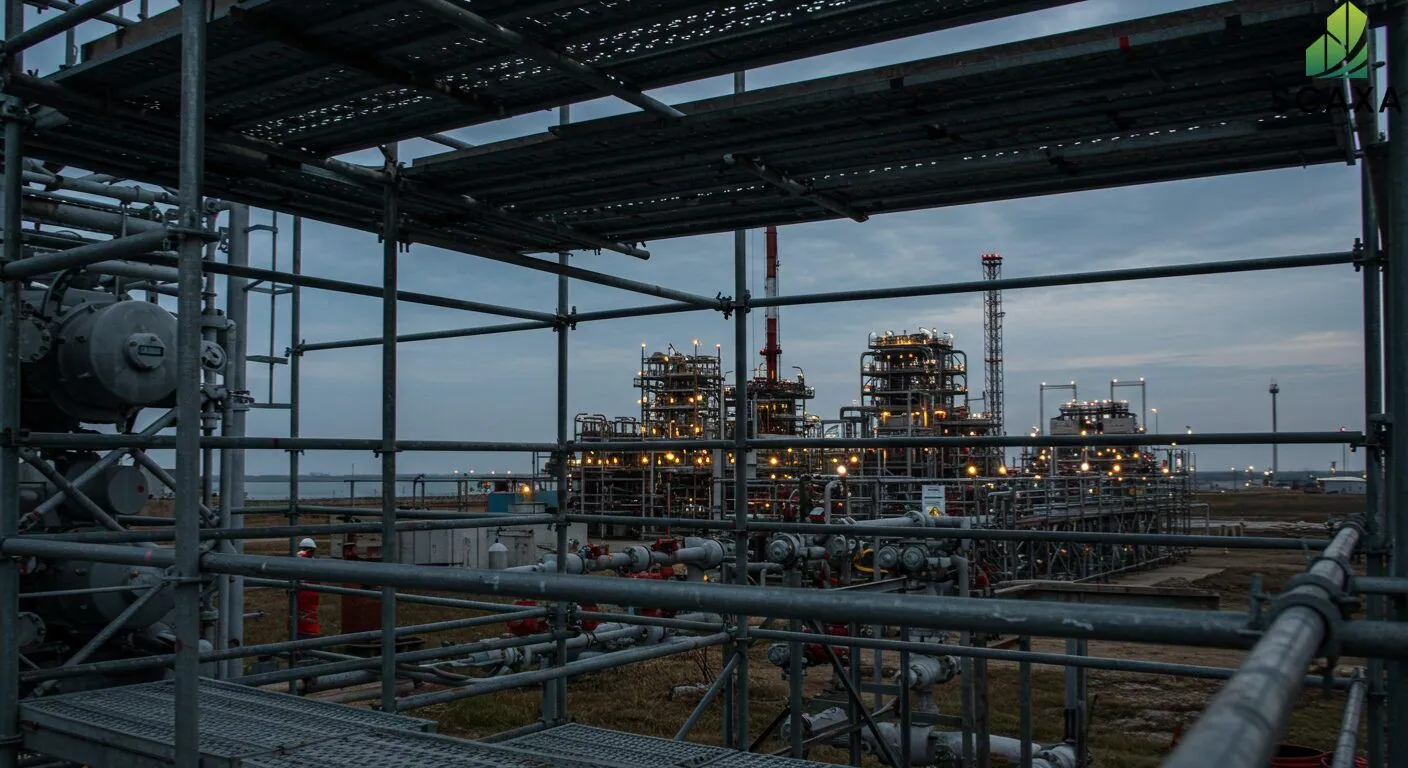 Scaffolding structure providing access to oil and gas facilities at dusk, showcasing industrial construction and maintenance capabilities.