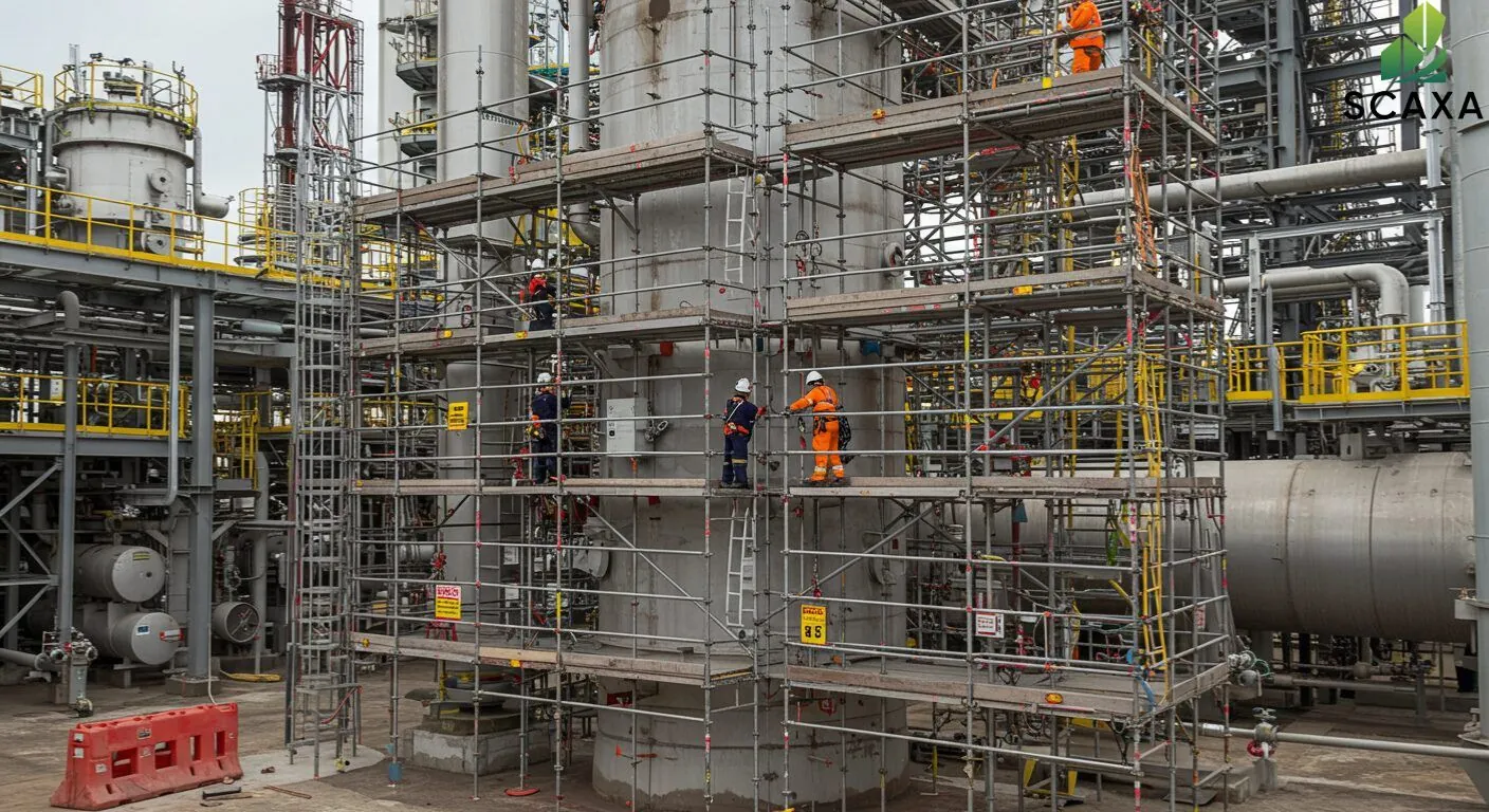 Scaffolding structure in an industrial setting with workers in safety gear, showcasing Scaxa's scaffolding solutions for oil and gas projects.