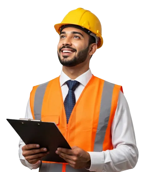 Construction worker in safety gear, orange vest and hard hat, holding clipboard, smiling, representing SCAXA's commitment to safety and efficiency in scaffolding services.