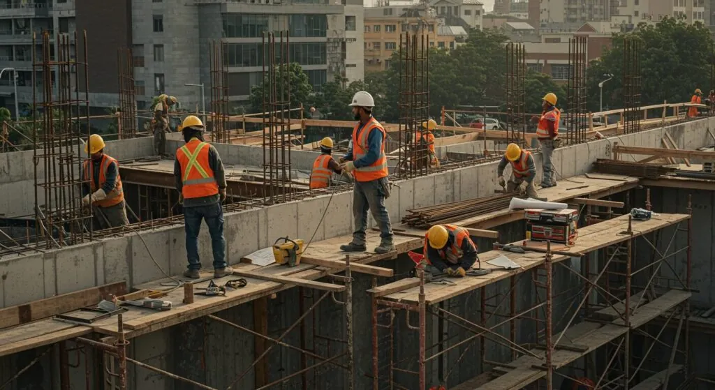Construction workers in safety gear assembling scaffolding on a building site, showcasing SCAXA's scaffolding contracting services for secure and efficient project support in the UAE.