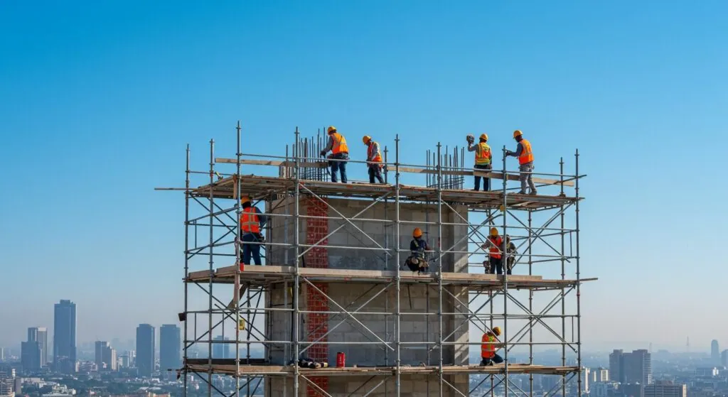 Construction workers on scaffolding at a building site, demonstrating safety and teamwork in urban development.
