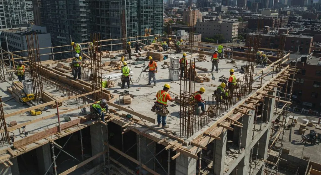 Construction workers on scaffolding at a building site, wearing safety gear, engaged in various tasks, with city skyline in the background, representing scaffolding services and project execution in the UAE.