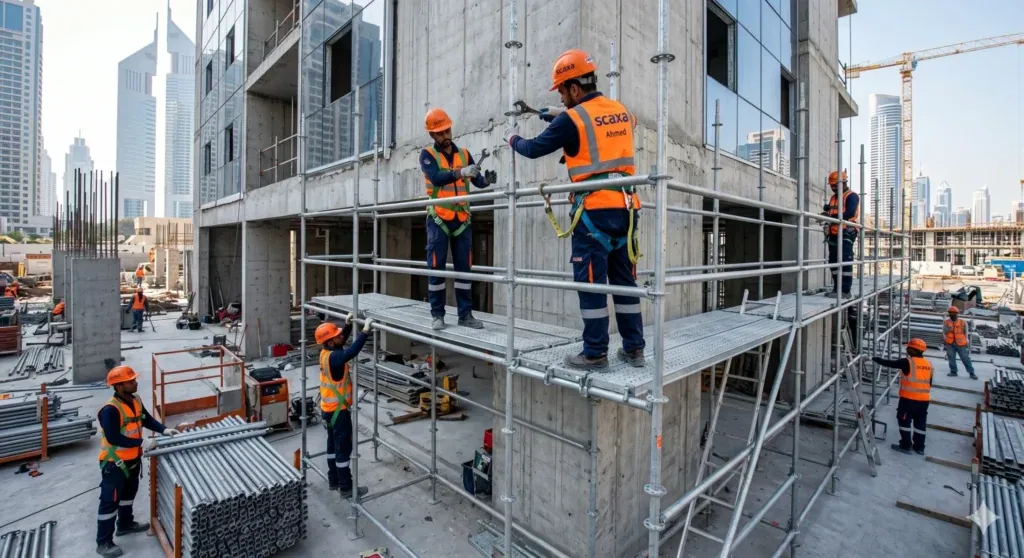 Scaxa construction workers in orange vests building scaffolding at an urban site.