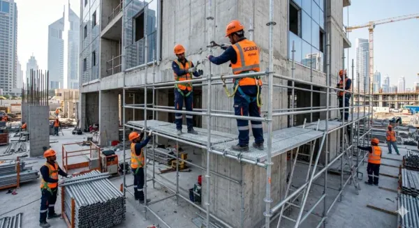 Scaxa construction workers in orange vests building scaffolding at an urban site.