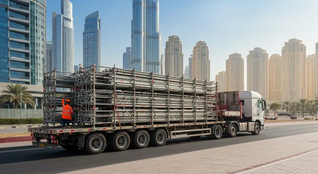 Truck transporting scaffolding with a worker in safety gear, set against a backdrop of modern skyscrapers in the UAE, highlighting SCAXA's scaffolding services.