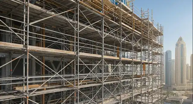 Multi-level scaffolding for steel structural construction with a city skyline behind