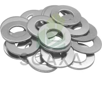 Collection of metal washers used in scaffolding applications, featuring Scaxa branding, relevant for prop system scaffolding and industrial maintenance.