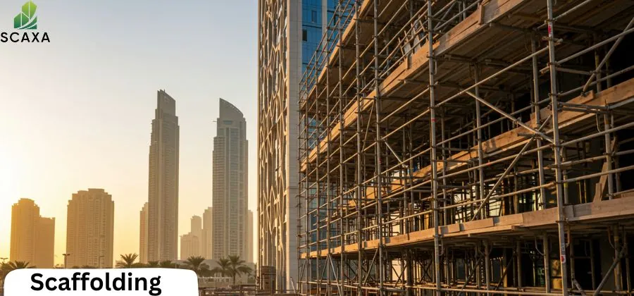 Scaffolding structure in front of modern skyscrapers during sunset, showcasing SCAXA branding and highlighting scaffolding services for construction projects.